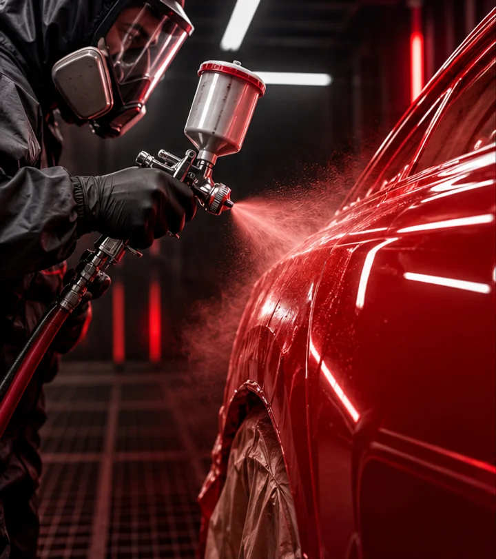 Aplicação de pintura em carro vermelho, imagem ilustrativa